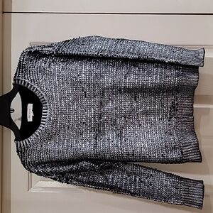 Two by Vince Camuto Metallic Silver and Black Crew Neck Sweater